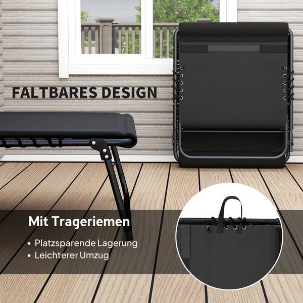 Faltbare Gartenliege mit Trageriemen für platzsparende Lagerung und einfachen Transport, stabiles Metallgestell mit Textilbespannung.