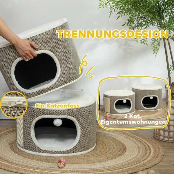 PawHut Kratztonne, 69 cm hoch Katzentonne mit 2 Höhle, Kratzbaum mit Spielbällen, Katzenturm aus Sisal, für Katze bis 6 kg, Kaffeebraun+Cremeweiß