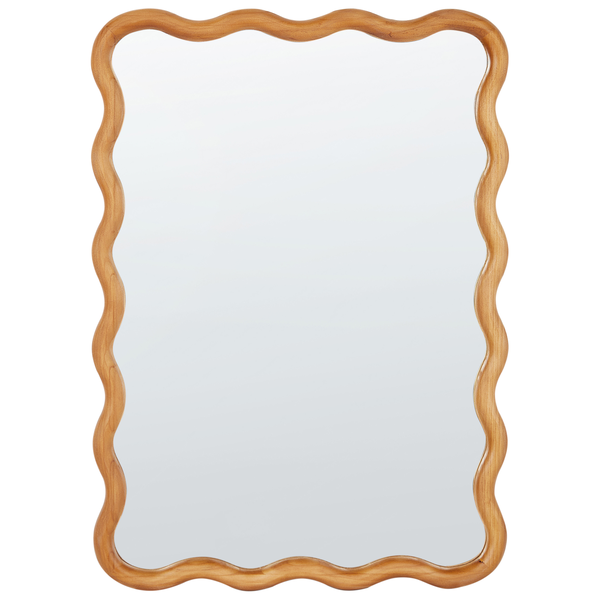 Wandspiegel mit wellenförmigem Holzrahmen.