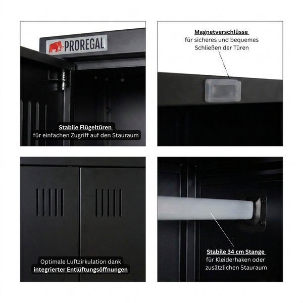 Details eines Proregal Metallschranks mit Flügeltüren, Magnetverschluss, Lüftungsschlitzen und einer 34 Zentimeter langen Kleiderstange.