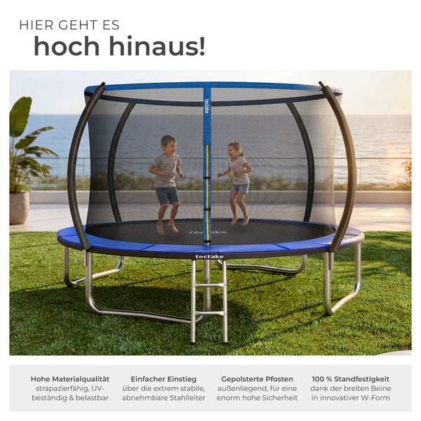 Tectake Trampolin mit Sicherheitsnetz und Leiter auf einer Rasenfläche, mit gepolsterten Außenpfosten und stabilen W-förmigen Stahlbeinen.