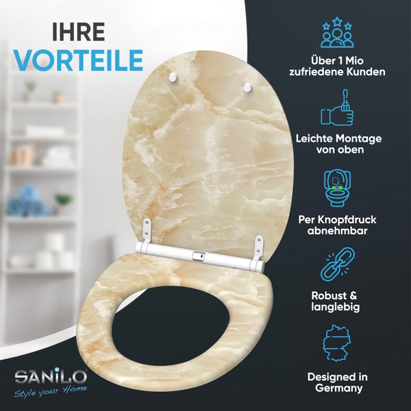 Sanilo WC-Sitz in Marmor-Optik: Montage von oben, per Knopfdruck abnehmbar, robust und langlebig, gestaltet in Deutschland.