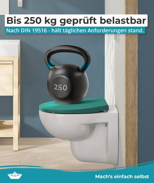 Wand-WC mit stabilem WC-Sitz, geprüft bis 250 Kilogramm Belastbarkeit nach DIN 19516 für hohe Stabilität im Badezimmer.