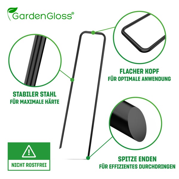 GardenGloss® Erdanker aus Stahl unverzinkt (250 Stück) - Stabile Heringe / Bodenanker für Unkrautvlies, Gartenvlies, Zaun & Netz - Metallheringe 150 MM Lang, 25 MM Breit, Ø 2.7 MM