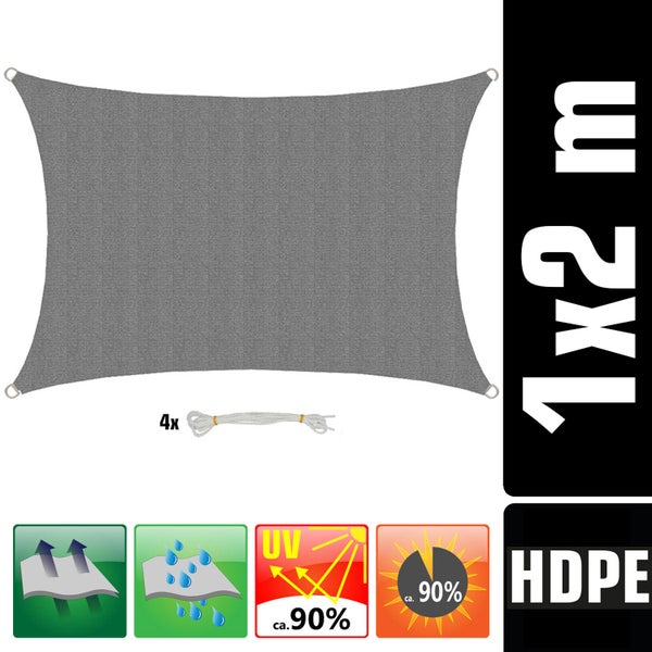Graues rechteckiges Sonnensegel aus HDPE, 1 mal 2 Meter, inklusive 4 Seilen. Luft- und wasserdurchlässig, circa 90 Prozent UV-Schutz und Schattierung.