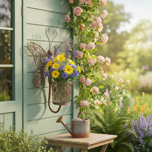 Wandblumenhalter aus Metall in Schmetterlingsform mit bunten Blumen an einer Gartenhauswand neben einer Gießkanne auf einem Holztisch.