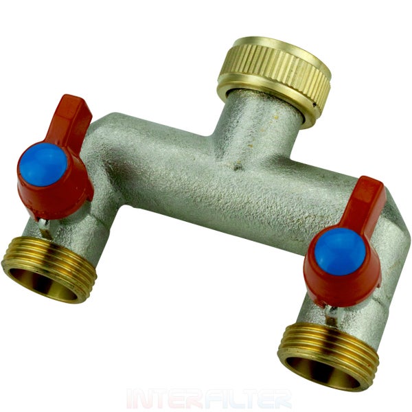 Zwei-Wege-Verteiler für Wasserhähne aus Metall mit zwei separat regulierbaren Anschlüssen für die Gartenbewässerung
