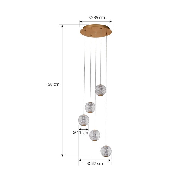 Mehrflammige Pendelleuchte mit 5 Kugelschirmen: Höhe 150 Zentimeter, Baldachin Durchmesser 35 Zentimeter, Schirm Durchmesser 11 Zentimeter.
