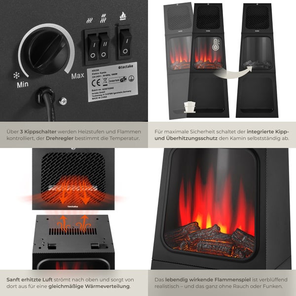 Detailansicht eines Elektrokamins mit Schaltern, Drehregler und simuliertem Flammenspiel