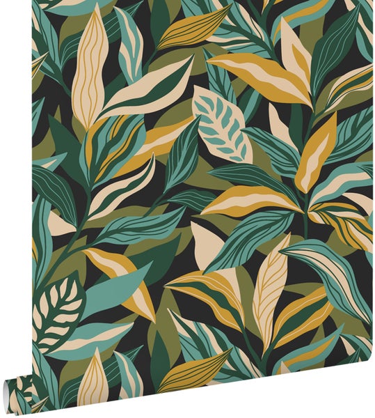 ESTAhome Tapete tropische Blätter Dunkelgrün und Ockergelb - 50 x 900 cm - 131045