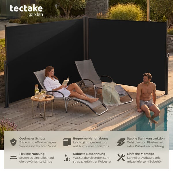 tectake garden Logo. Doppelte Seitenmarkise als Sichtschutz am Pool. Stabiler Stahlrahmen, robustes Polyestertuch, einfache Montage.