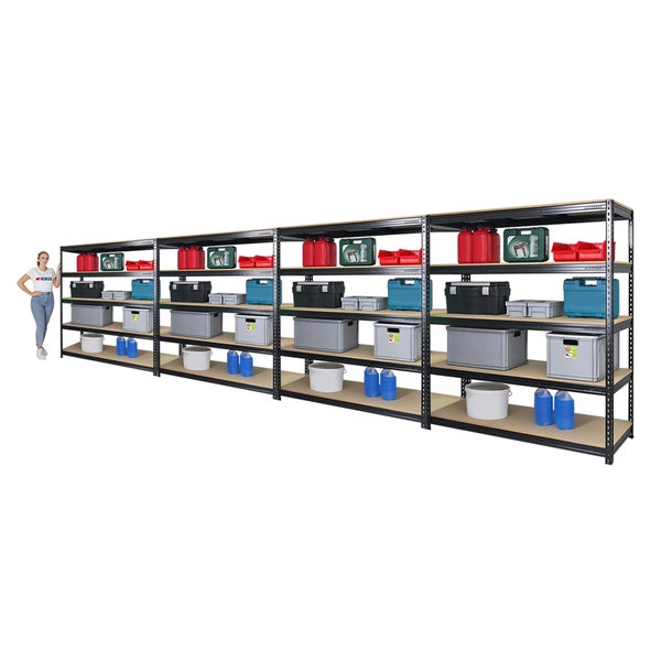 PROREGAL Mega Deal 4x Profi Schwerlastregal Bison HxBxT 200 x 180 x 60 cm 5 Fachböden Fachlast 600 kg Schwarz