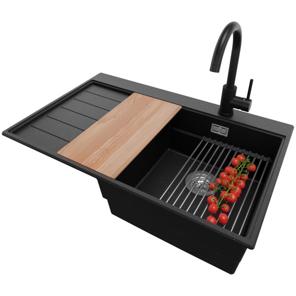 PRIMAGRAN Granitspüle Schwarz Metallic 78x50cm, Spülbecken 1 Becken + Küchenarmatur 32x20cm + Ablauf-Set + Küchenzubehörset, Küchenspüle ab 45er Unterschrank - Sydney