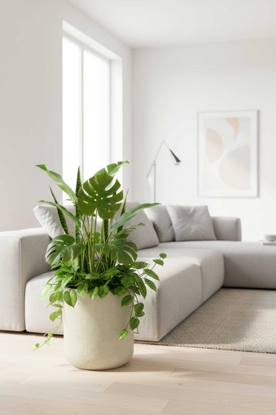 Zimmerpflanzen-Mix aus Monstera, Bogenhanf und Efeutute in einem hellen Topf in einem modernen, hellen Wohnzimmer.