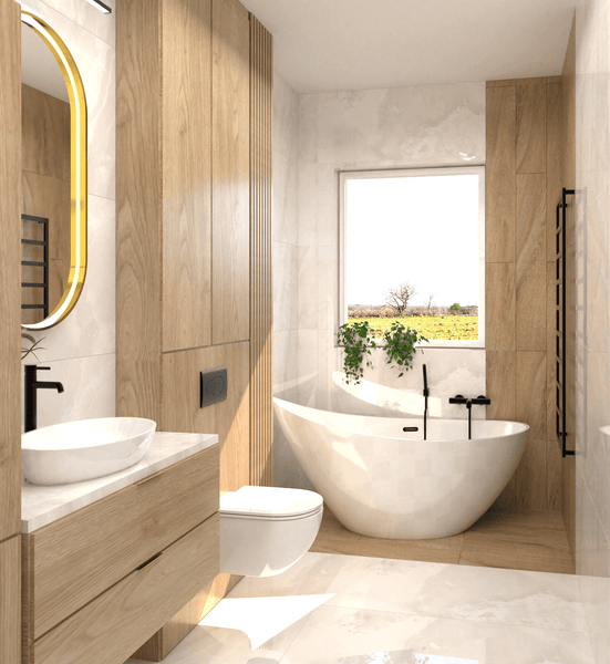 Badezimmer mit Badewanne, Waschtisch, Toilette und Holzdetails für eine helle und freundliche Atmosphäre