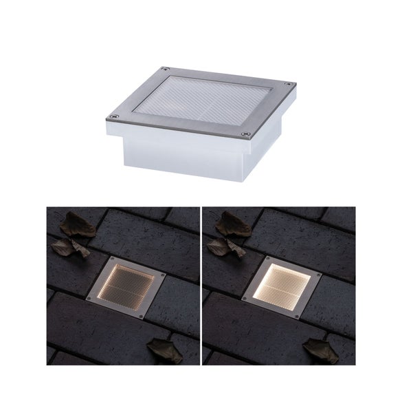 Quadratische LED-Bodeneinbauleuchte aus Edelstahl und Glas, einzeln und eingebaut in Pflastersteinen mit warmweißem Licht dargestellt.