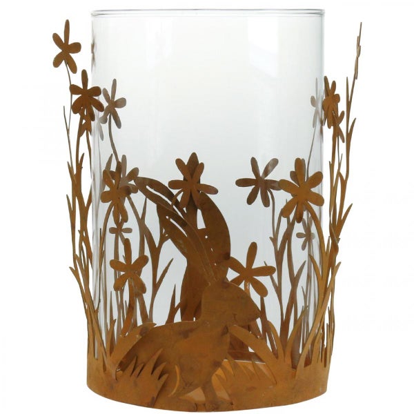 Windlicht aus Glas mit Hasen und Blumen aus Metall