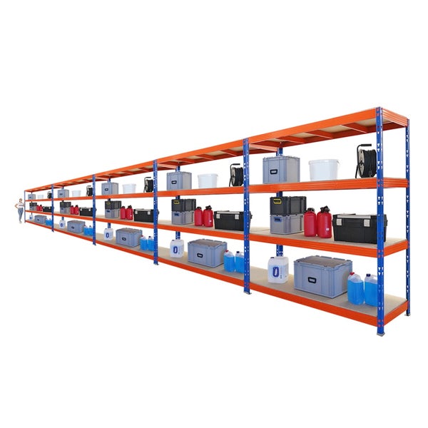 PROREGAL Mega Deal 5x Profi Schwerlastregal Rhino HxBxT 200x200x60cm 4 Spanplatten-Ebenen 16mm Fachlast 500kg Blau-Orange
