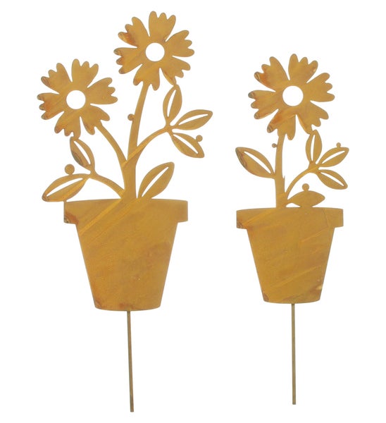 FRANK FLECHTWAREN | Gartenstecker Blume im Topf, 2er Set, METALL, H: 35 cm, H: 40 cm