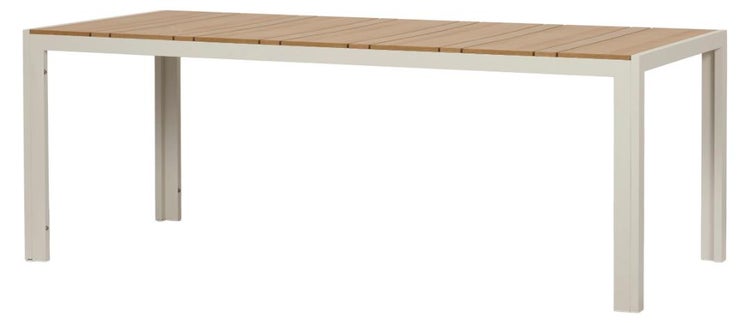 Rechteckiger Gartentisch mit weißem Aluminiumgestell und Tischplatte aus Holzlatten.