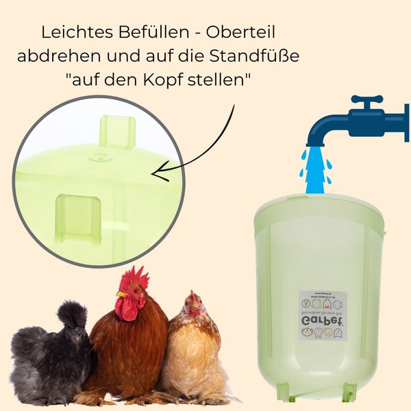 Geflügeltränke mit Illustration der einfachen Befüllung und drei Hühnern