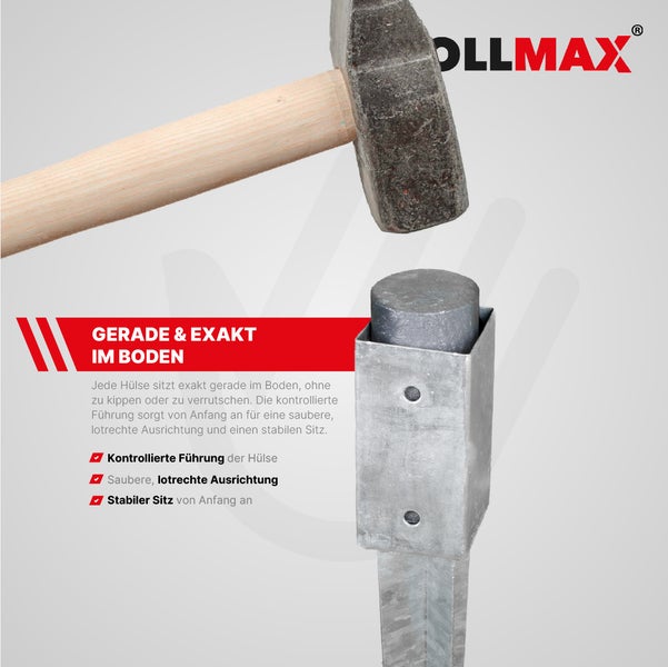 DOLLMAX Einschlaghilfe für Bodenhülsen wird mit einem Hammer eingeschlagen für eine gerade und exakte Ausrichtung im Boden.