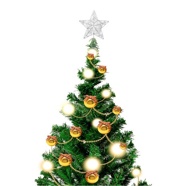 Geschmückter Weihnachtsbaum mit Stern, Kugeln und Lichterkette