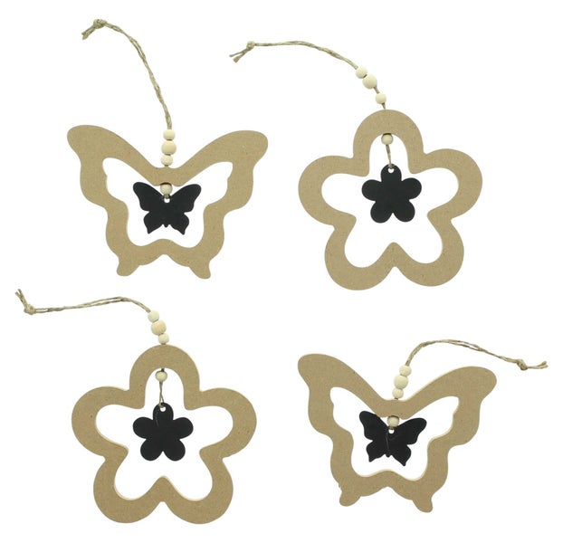 FRANK FLECHTWAREN | Hänger Schmetterling & Blume, 4er Set, MDF, METALL, JUTE, 12 x 1 x 12 cm, 13 x 1 x 10 cm