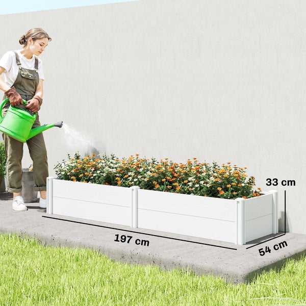 Weißes Hochbeet in Holzoptik mit Blumen, Maße 197 Zentimeter lang, 54 Zentimeter breit und 33 Zentimeter hoch.