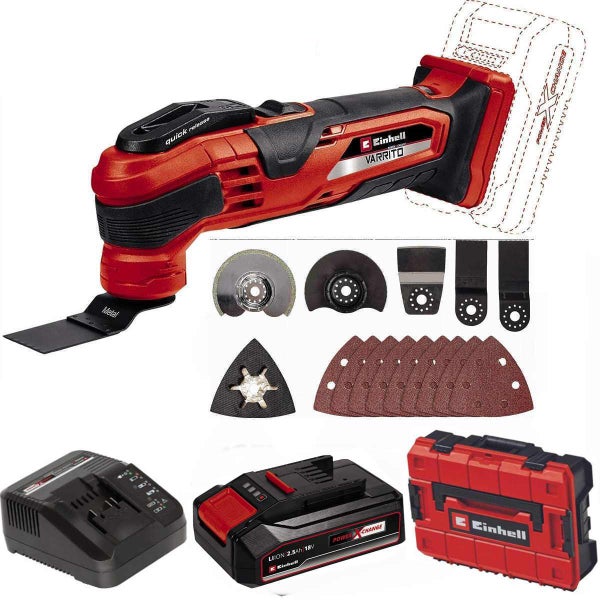 Einhell Akku Multi-Funktionswerkzeug Varrito mit Zubehör, Akku, Ladegerät und Aufbewahrungskoffer.