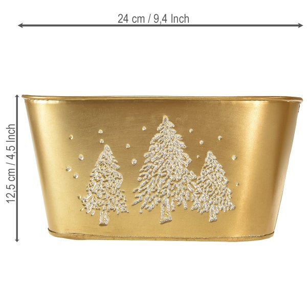 Goldene Pflanzschale aus Metall mit Tannenbaum-Motiv, Breite 24 Zentimeter, Höhe 12,5 Zentimeter.