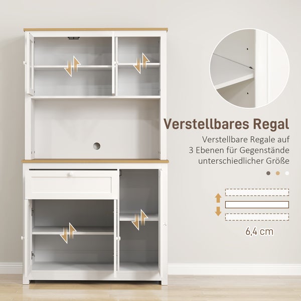 HOMCOM Küchenschrank, Küchenbuffet mit Schublade, Mehrzweckschrank mit 2 Offenen Ebenen, 3 Schränken, Vitrinenschrank mit Tischplatte für Wohnzimmer, Weiß, 100 x 40 x 180 cm