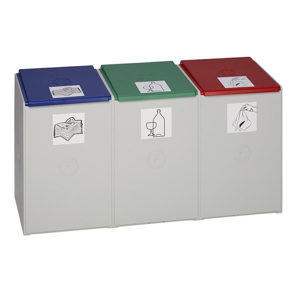 Abfalltrennsystem aus grauem Kunststoff mit drei Fächern für Papier, Glas und Restmüll.
