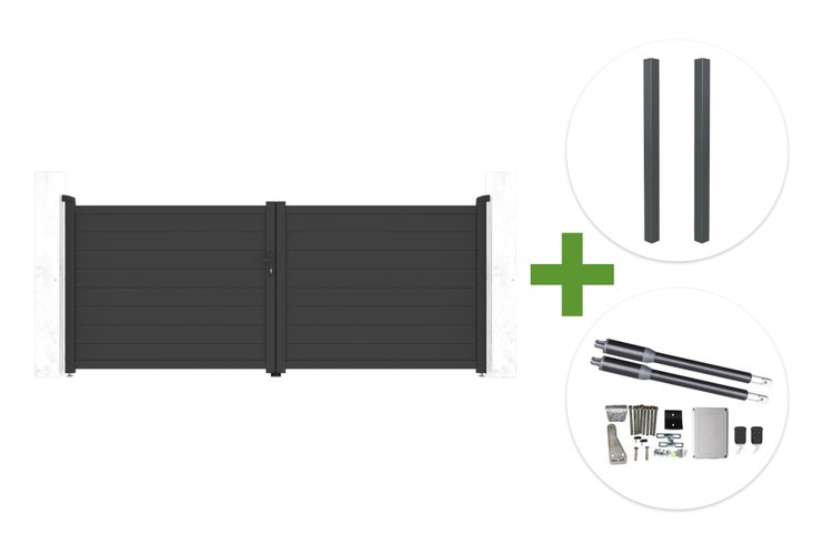 Zweiflügeliges Einfahrtstor aus Aluminium mit horizontalen Lamellen, inklusive zwei Torpfosten und elektrischem Drehtorantrieb-Set.