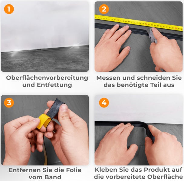 Anleitung zur Montage eines selbstklebenden Dichtungsprofils in vier Schritten: Vorbereitung, Messen, Zuschneiden, Abziehen und Aufkleben.