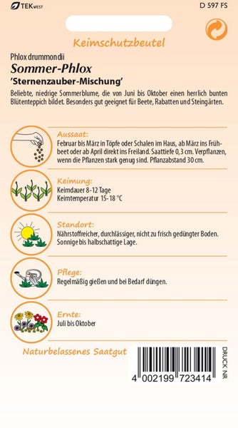 Samentüte Sommerphlox Sternenzauber Mischung mit Aussaat-, Keimungs-, Standort-, Pflege- und Erntehinweisen