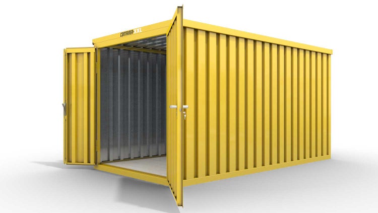 Lagercontainer Gerätehaus XXL  – 12 qm, H2150 x B6080 x T2170 mm, Außenwandlackierung RAL 1003 signalgelb, Dach außen verzinkt, mit Holzfußboden, 1830 mm Doppelflügeltür mittig in Stirnseite, montiert