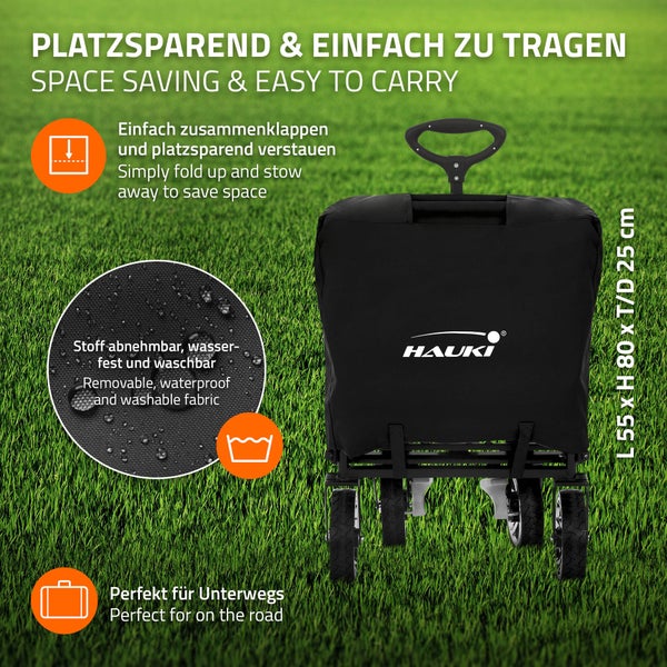Hauki Bollerwagen XXL faltbar mit Dach & Tasche, Schwarz-Grau, Handwagen klappbar zum Schieben & Ziehen, Kinder Transportwagen, 360° drehbare Vorderräder, PU Räder mit Bremsen, Transportkarre 120 kg