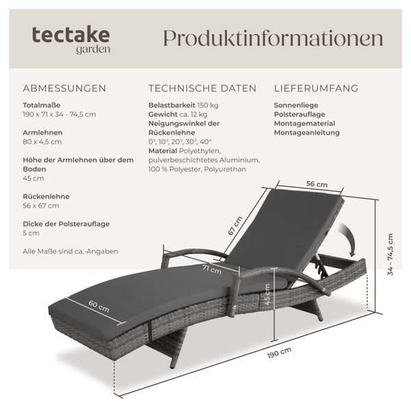 Rattan Sonnenliege tectake Océane 190 x 71 x 34 – 74,5 cm mit Aluminiumgestell grau