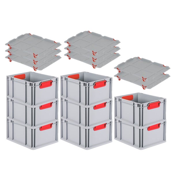 PROREGAL Spar Set 8x Eurobox Nextgen Color Mit Auflagedeckel & Schiebeschnappverschlüsse HxBxT 22 x 30 x 40 cm Griffe Rot Geschlossen Glatter Boden