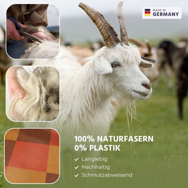 Naturfasern aus Ziegenwolle. Gezeigt werden Scheren, Rohwolle, Webstoff und Made in Germany Siegel. 100 Prozent Naturfasern, langlebig, nachhaltig.