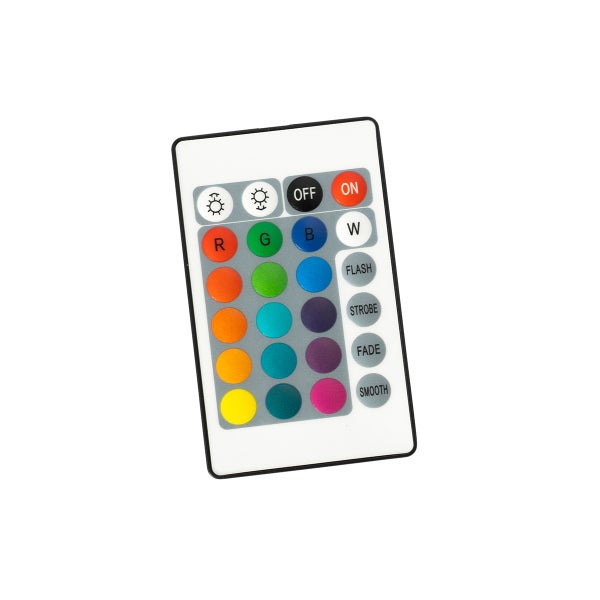 Fernbedienung für die Lichtsteuerung mit Tasten für Helligkeit, Farbwahl und verschiedene Lichteffekte.