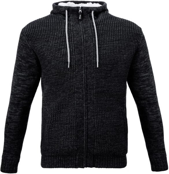 Gestrickte Kapuzenjacke für Herren mit Reißverschluss, Kordelzug und weichem Futter an der Kapuze.