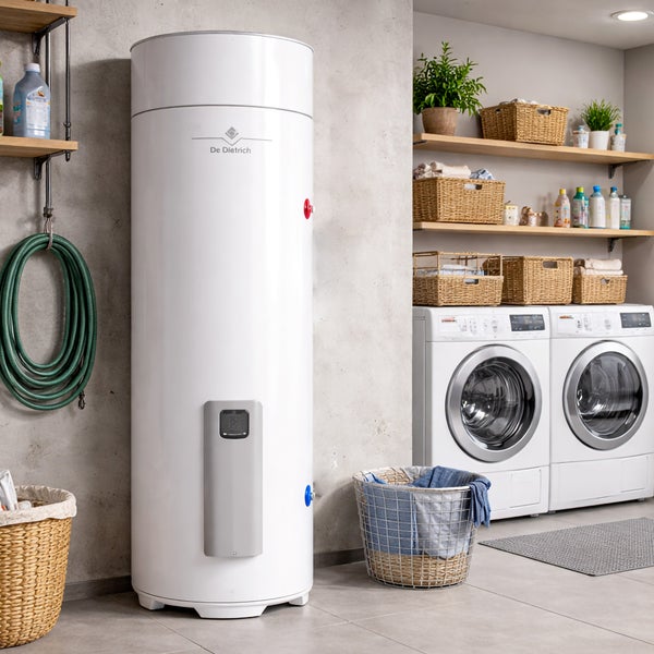 Weißer De Dietrich Warmwasserspeicher in einem hellen, modernen Hauswirtschaftsraum mit Waschmaschinen und geflochtenen Aufbewahrungskörben.