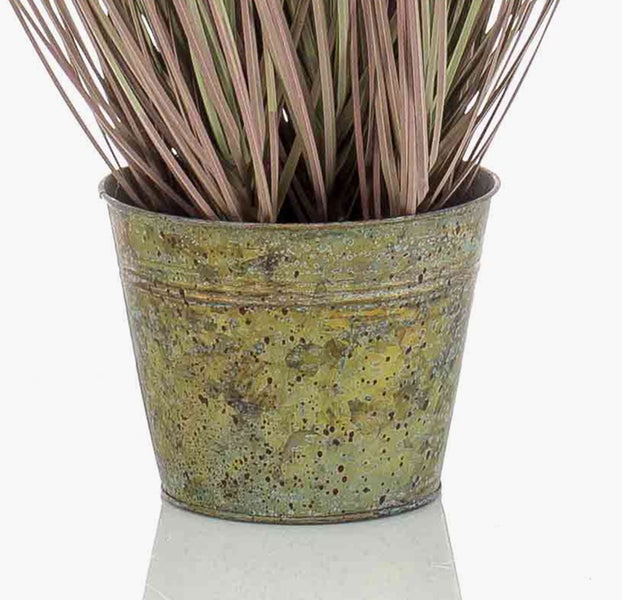 Ziergras in einem rustikalen Metalltopf mit verwitterter Optik.