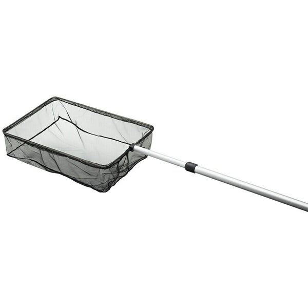 Teichkescher mit feinmaschigem Netz und ausziehbarer Teleskopstange aus Aluminium.