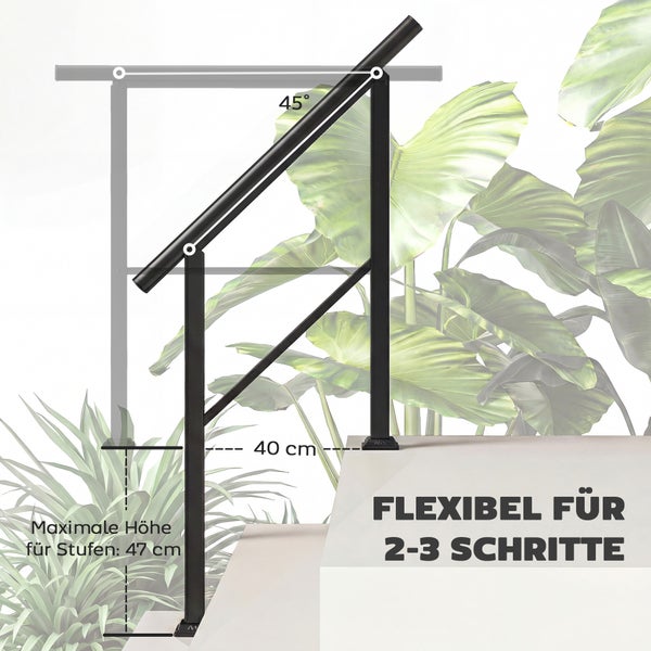 Schwarzes Metall-Treppengeländer für zwei bis drei Stufen, maximale Stufenhöhe siebenundvierzig Zentimeter, Breite vierzig Zentimeter.