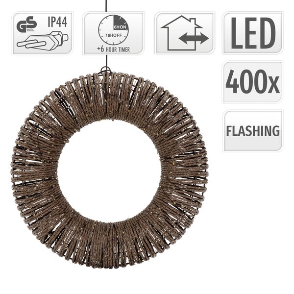 LED Kranz aus Seil mit 400 Leuchtdioden für Innen und Außen, mit Schutzart IP44, Timerfunktion und Blinkeffekt.