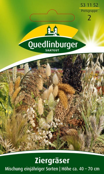 Quedlinburger Logo, Samentüte Ziergräser-Mischung, einjährige Sorten, Wuchshöhe circa 40 bis 70 Zentimeter.