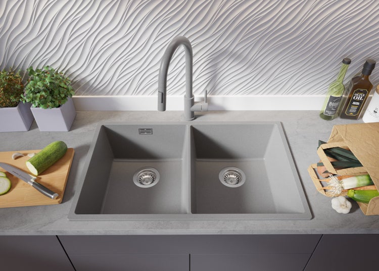 PRIMAGRAN Spülbecken Grau 76x47cm, Granitspüle 2 Becken + Ablauf-Set, Küchenspüle ab 80er Unterschrank - London Slim Twin